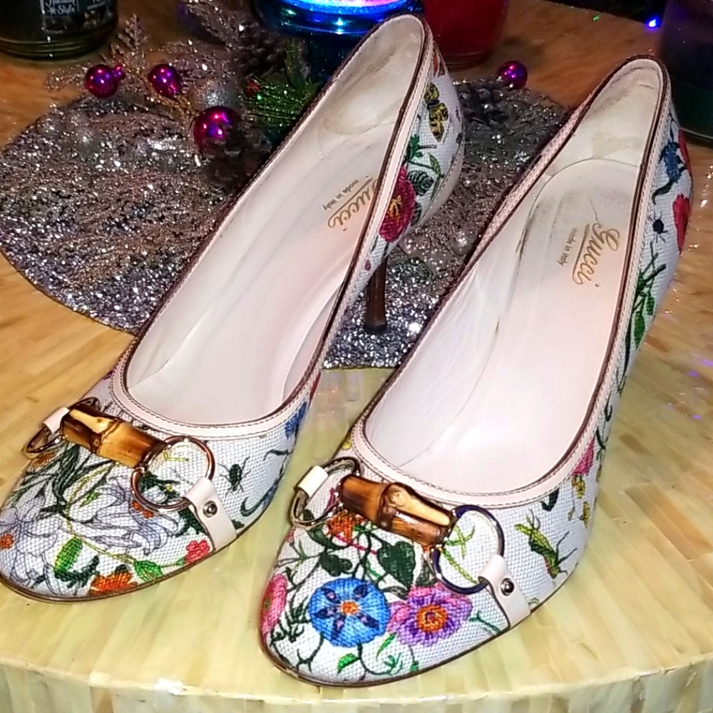 Gucci Horsebit Floral Canvas Pumps
